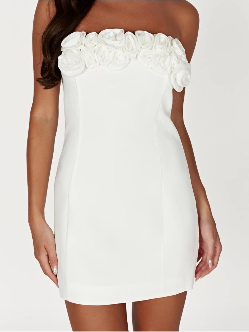 Meshki White Strapless Rose Trim Mini Dress